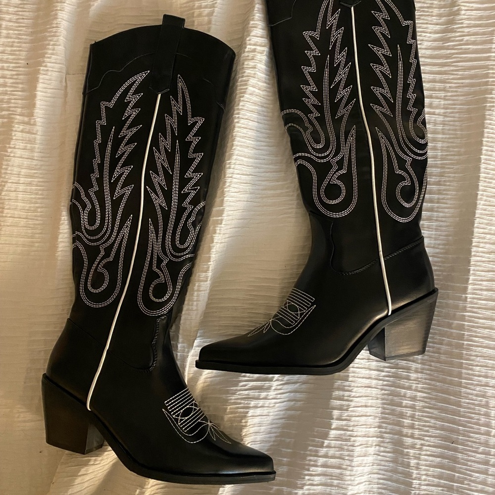 Tall Black Leather Cowboy Boots